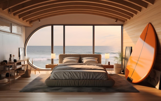 Ein Schlafzimmer mit Blick auf das Meer und einem Bett mit einer Decke darauf.