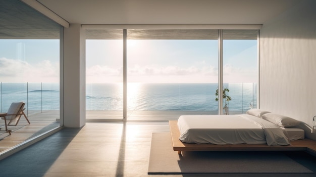 Ein Schlafzimmer mit Blick auf den Ozean Generative KI-Bild