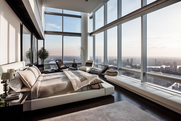 Ein Schlafzimmer mit Blick auf die Skyline der Stadt.