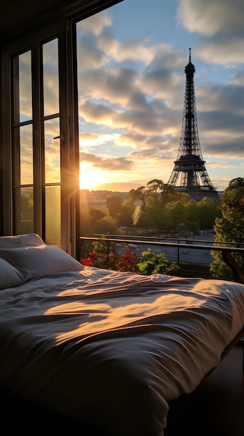 ein Schlafzimmer mit Blick auf einen Turm. Blick aus dem offenen Fenster