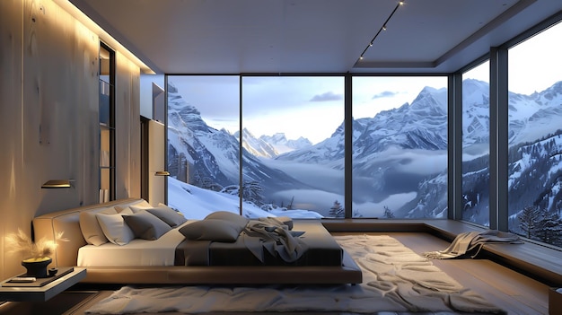 Ein Schlafzimmer mit Blick auf einen verschneiten Berg