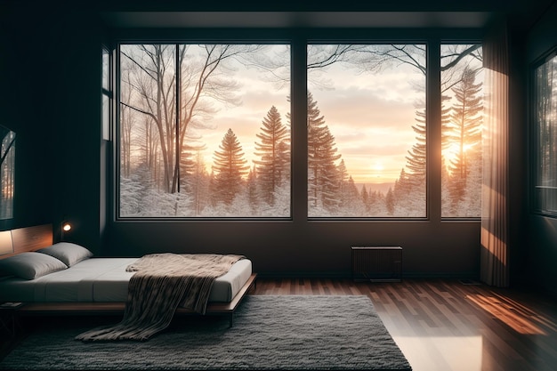 Ein Schlafzimmer mit Blick auf einen verschneiten Wald.