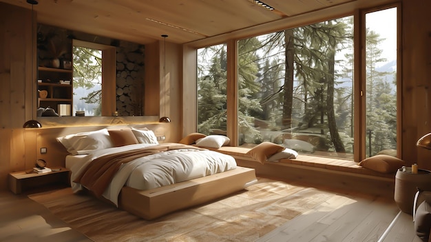 Ein Schlafzimmer mit Blick auf einen Wald