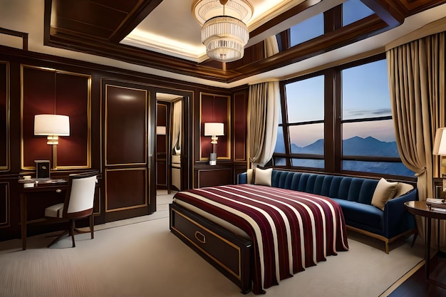 Ein Schlafzimmer mit einem Bett, einem Sofa und einem Fenster mit Blick auf die Berge.