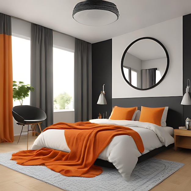 ein Schlafzimmer mit einem Bett, einem Spiegel und einem Bett mit orangefarbenen Laken