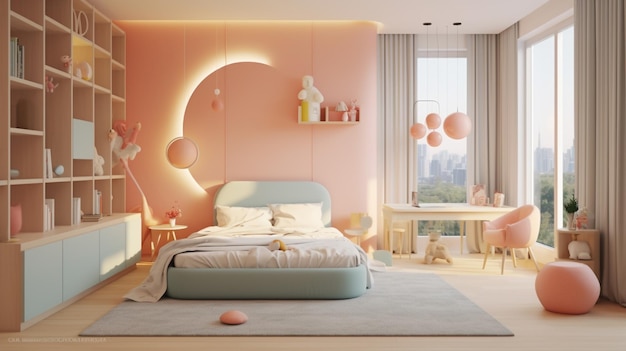 ein Schlafzimmer mit einem Bett, einer Kommode und einem Fenster mit dem Mond an der Wand.