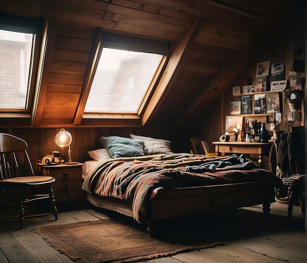 ein Schlafzimmer mit einem Bett, einer Kommode und einer Lampe