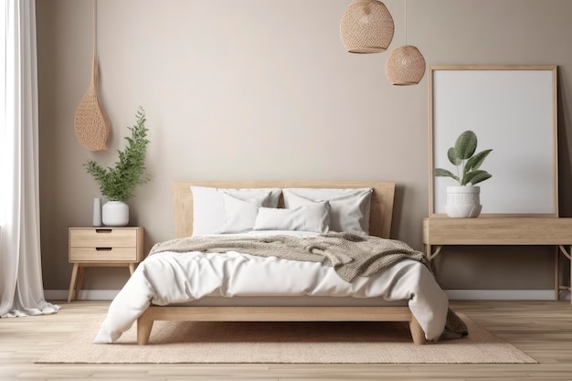 Ein Schlafzimmer mit einem Bett, einer Pflanze und einer Lampe.