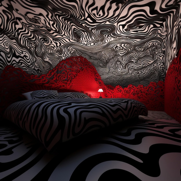 ein Schlafzimmer mit einem Bett mit Zebramuster und einer roten Lampe