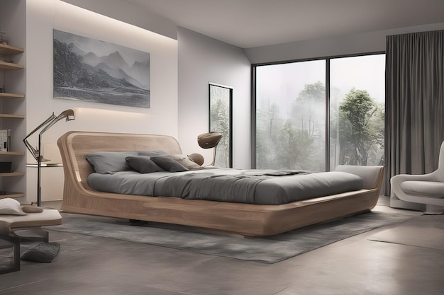 ein Schlafzimmer mit einem Bett und einem Bild von Bergen im Hintergrund.