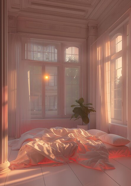 Foto ein schlafzimmer mit einem bett und einem fenster mit der sonne, die durch die vorhänge scheint