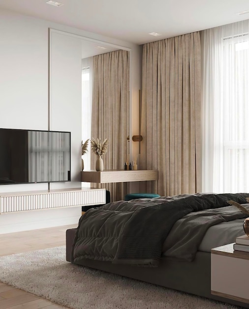 ein Schlafzimmer mit einem Bett und einem Fernseher an der Wand