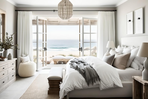 Ein Schlafzimmer mit einem Bett und einem großen Fenster mit dem Meer im Hintergrund.