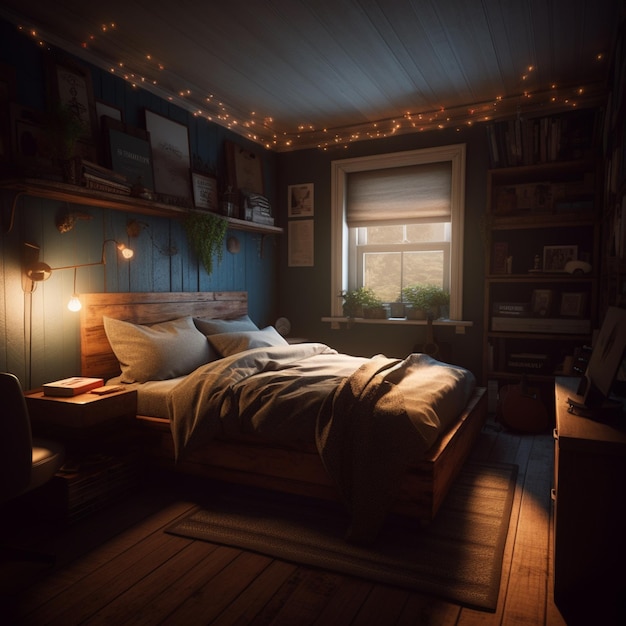 Ein Schlafzimmer mit einem Bett und einem Regal mit daran hängenden Lampen