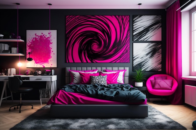 Ein Schlafzimmer mit einem Bett und einem Stuhl mit der Aufschrift „Pink“