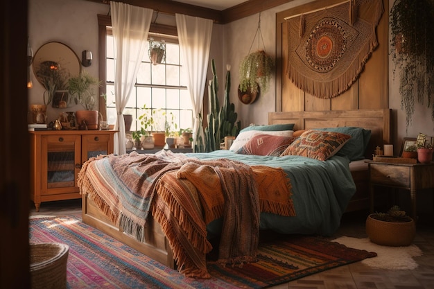 Ein Schlafzimmer mit einem Bett und einem Wandbehang mit einer bunten Decke darauf.