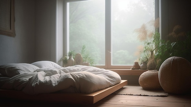 Foto ein schlafzimmer mit einem bett und einer pflanze auf dem fensterbrett.