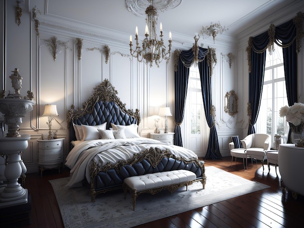 Ein Schlafzimmer mit einem blau-goldenen Bett und einem Kronleuchter.