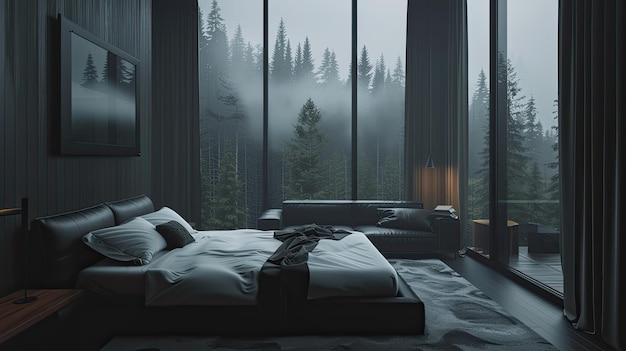 ein Schlafzimmer mit einem Fenster mit Blick auf einen Wald