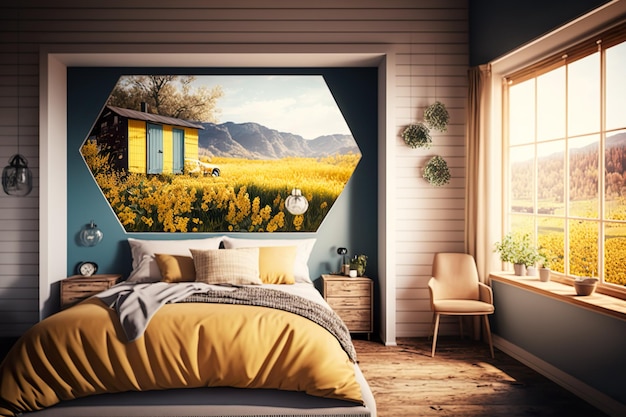 Ein Schlafzimmer mit einem gelben Haus an der Wand und einem Fenster mit dem Bild einer Blumenwiese darauf