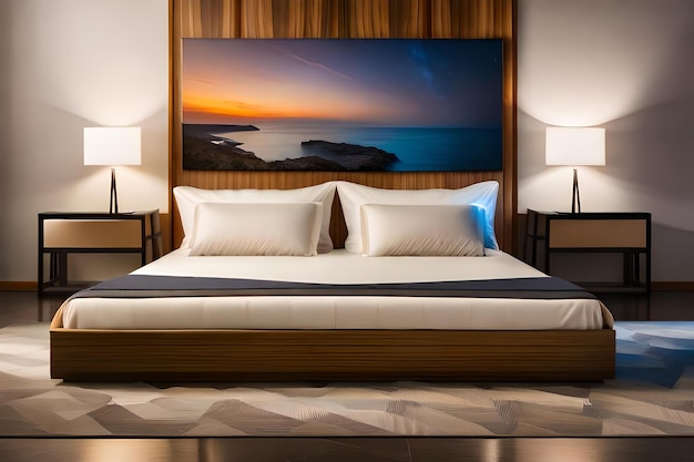 Ein Schlafzimmer mit einem Gemälde an der Wand und einem Bild eines Sonnenuntergangs darüber.