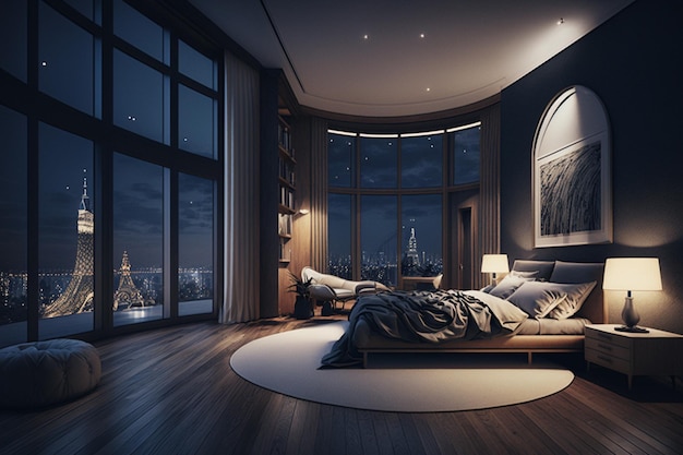 Ein Schlafzimmer mit einem großen Bett und einem großen Fenster mit Blick auf Paris.