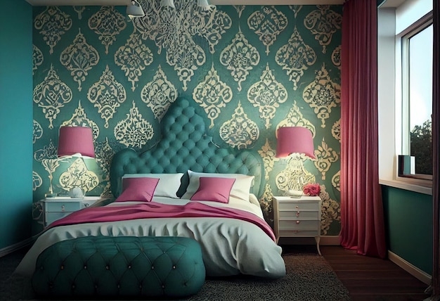 Ein Schlafzimmer mit einem grün-blauen Bett und einem weißen Nachttisch mit einer Lampe darauf.