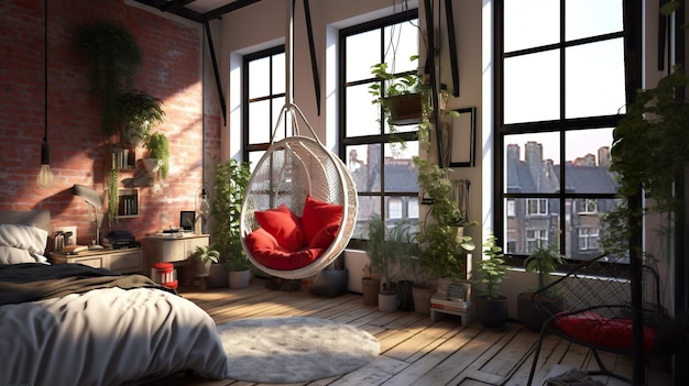 Ein Schlafzimmer mit einem Hängesessel in der Mitte des Raumes. Generatives KI-Bild