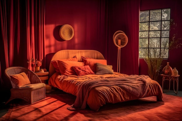 Foto ein schlafzimmer mit einem roten bett und einer lampe an der wand.