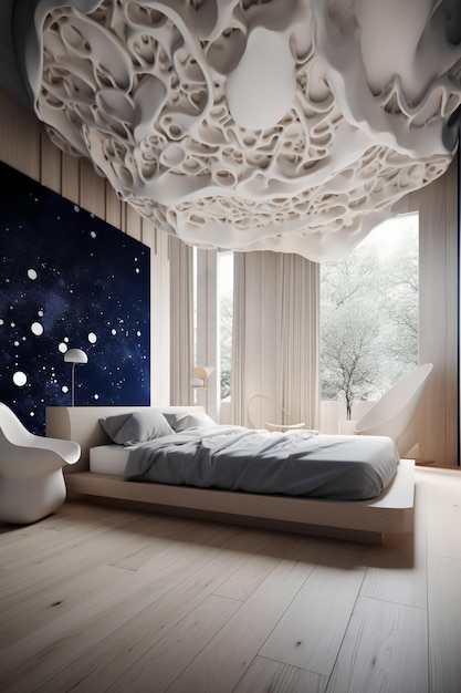 Ein Schlafzimmer mit einem Sternenhimmel und ein Bett mit einem Bett in der Mitte.