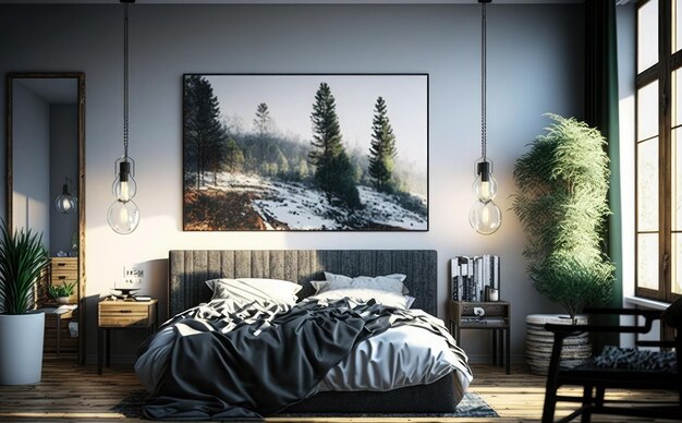 Ein Schlafzimmer mit einem Waldbild und einer Lampe.