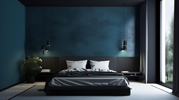 Foto ein schlafzimmer mit einer blauen wand und einem bett, auf dem das wort „schlaf“ steht.