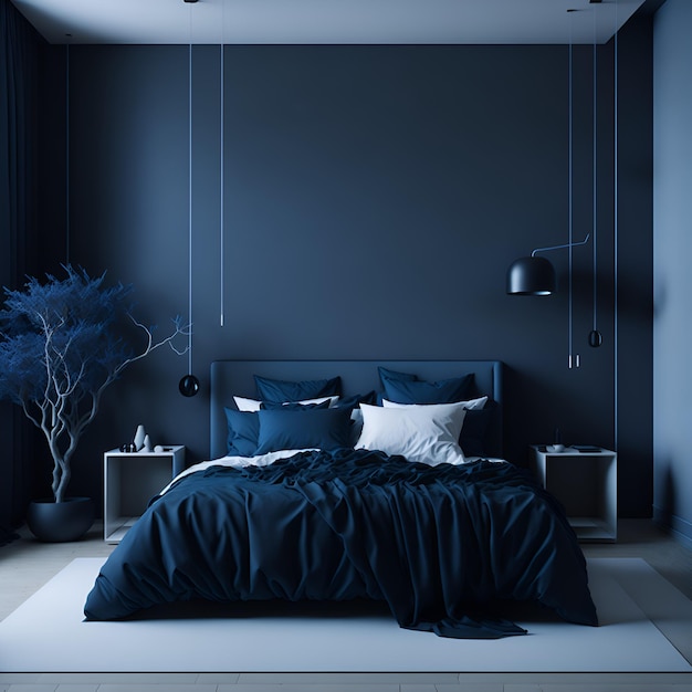 Ein Schlafzimmer mit einer blauen Wand und einem schwarz-weißen Bett mit blauen Kissen.