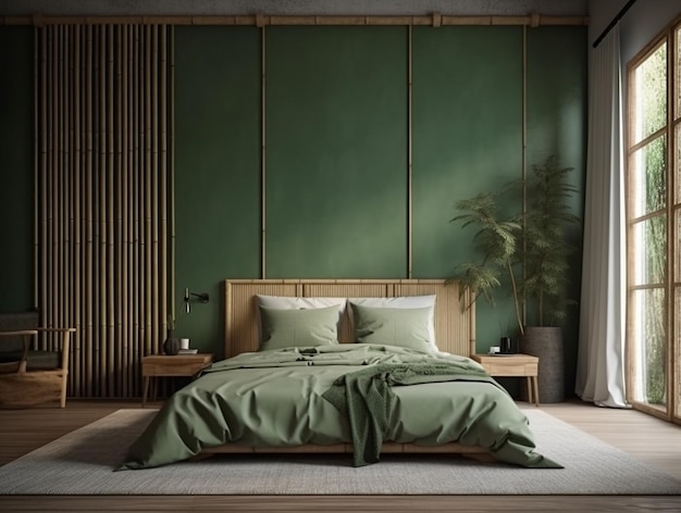 Ein Schlafzimmer mit einer grünen Wand hinter dem Bett und einer Pflanze an der Wand dahinter.