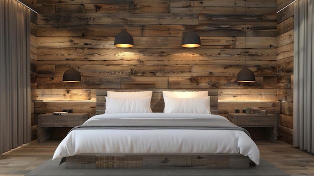 Ein Schlafzimmer mit einer Holzwand und einem Bett mit weißen Laken