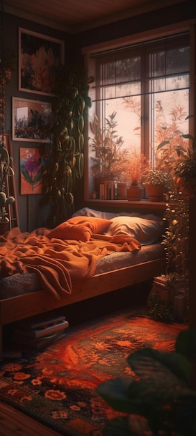 Ein Schlafzimmer mit Fenster und einer Pflanze an der Wand