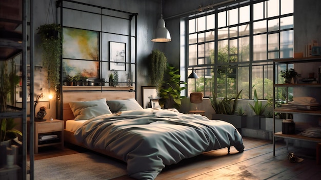 Ein Schlafzimmer mit großen Fenstern und grünen Pflanzen