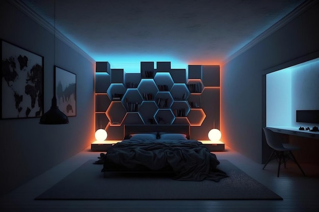 Ein Schlafzimmer mit LED-Leuchten im modernen und trendigen Stil von Generative AI