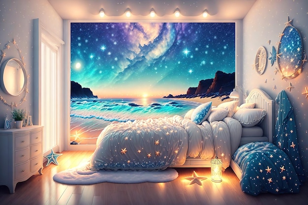 Ein Schlafzimmer mit Meerblick und einem Gemälde einer Strandszene.