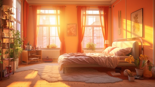 Ein Schlafzimmer mit orangefarbenen Wänden und einem Bett mit der Aufschrift „Bettwäsche“