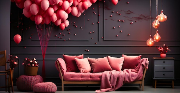 Ein Schlafzimmer mit rosa Luftballons in der Luft