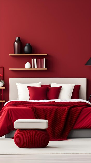 Foto ein schlafzimmer mit roten wänden und einem weißen bett minimalistisches interieur master schlafzimmer mit tiefroter farbe