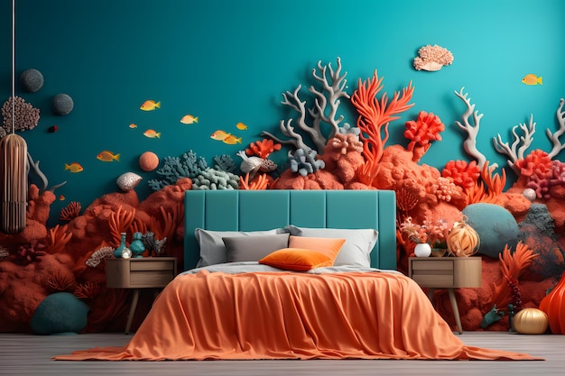 Ein Schlafzimmer-Wandbild mit einer lebendigen, abstrakten Korallen-Unterwasserwelt