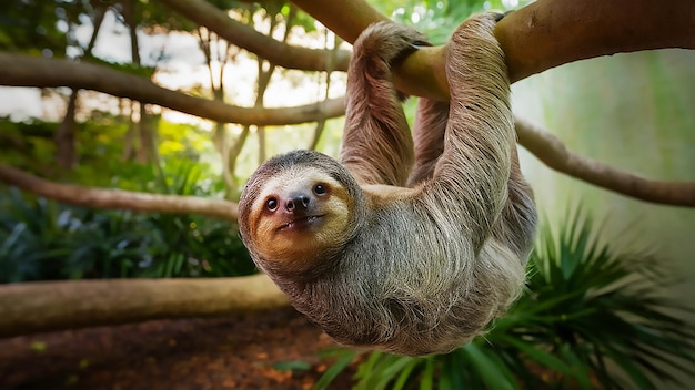 ein Schlampen, der in einem Zoo an einem Baumzweig hängt