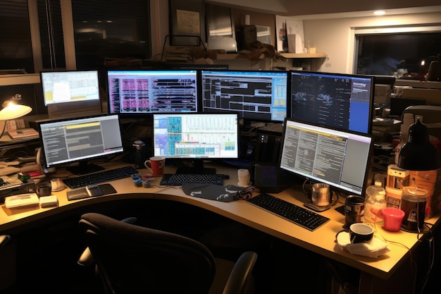 Ein schlanker Computer-Schreibtisch mit verschiedenen Monitoren und einem Laptop, der perfekt ist, um die Produktivität zu maximieren. Ein Schreibtisch für Programmierer, voll mit mehreren Bildschirmen und leeren Kaffeebechern.