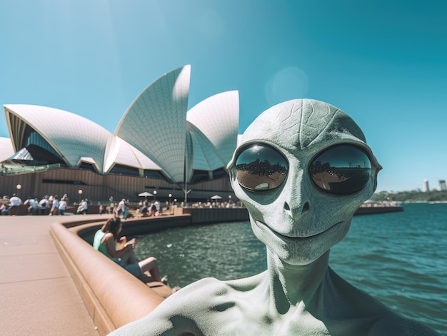 Ein schlanker grauer Alien mit schwarzen Augen lächelt, während er ein Selfie vor dem Sydney Opera House macht