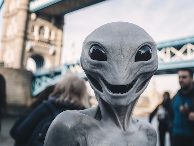 Ein schlanker grauer Alien mit schwarzen Augen lächelt, während er ein Selfie vor der Tower Bridge in London macht