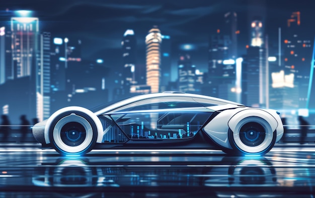 Ein schlankes futuristisches Auto glänzt unter Neonlichtern in einem lebendigen Cyberpunk-Stadtbild, das Hightech-Vibes und fortschrittliches städtisches Design widerspiegelt.