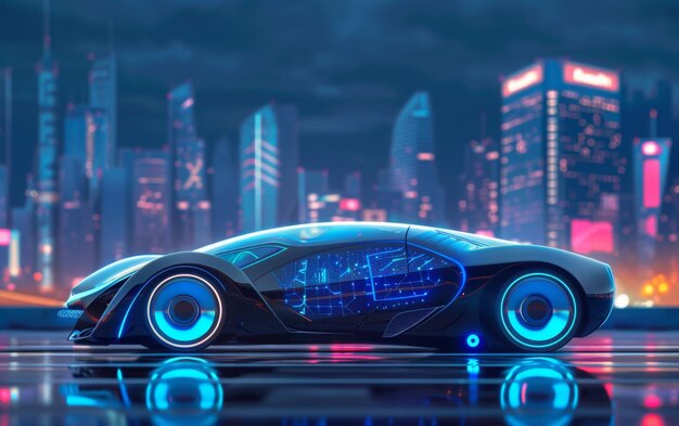 Ein schlankes futuristisches Auto glänzt unter Neonlichtern in einem lebendigen Cyberpunk-Stadtbild, das Hightech-Vibes und fortschrittliches städtisches Design widerspiegelt.