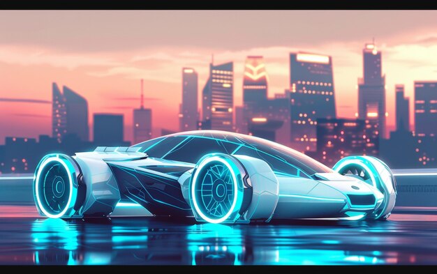 Foto ein schlankes futuristisches auto glänzt unter neonlichtern in einem lebendigen cyberpunk-stadtbild, das hightech-vibes und fortschrittliches städtisches design widerspiegelt.